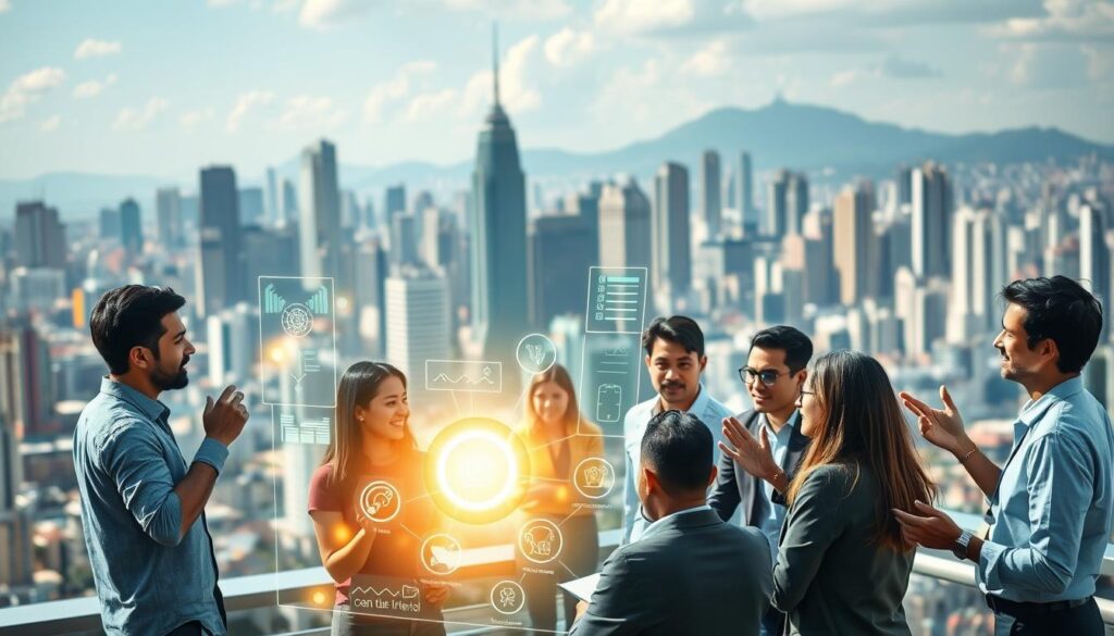 A bustling city skyline with skyscrapers and towering buildings in the background, representing the Brazilian job market. In the foreground, a group of diverse professionals - developers, data scientists, and engineers - gathered around a glowing holographic projection of various AI frameworks and their capabilities. The scene conveys the impact of these AI tools on the workforce, with the professionals gesturing excitedly and discussing the implications. The lighting is a mix of natural daylight and the warm glow of the holographic display, creating a sense of anticipation and innovation. The overall atmosphere suggests the transformative potential of AI frameworks in shaping the future of work in Brazil. A bustling city skyline with skyscrapers and towering buildings in the background, representing the Brazilian job market. In the foreground, a group of diverse professionals - developers, data scientists, and engineers - gathered around a glowing holographic projection of various AI frameworks and their capabilities. The scene conveys the impact of these AI tools on the workforce, with the professionals gesturing excitedly and discussing the implications. The lighting is a mix of natural daylight and the warm glow of the holographic display, creating a sense of anticipation and innovation. The overall atmosphere suggests the transformative potential of AI frameworks in shaping the future of work in Brazil.