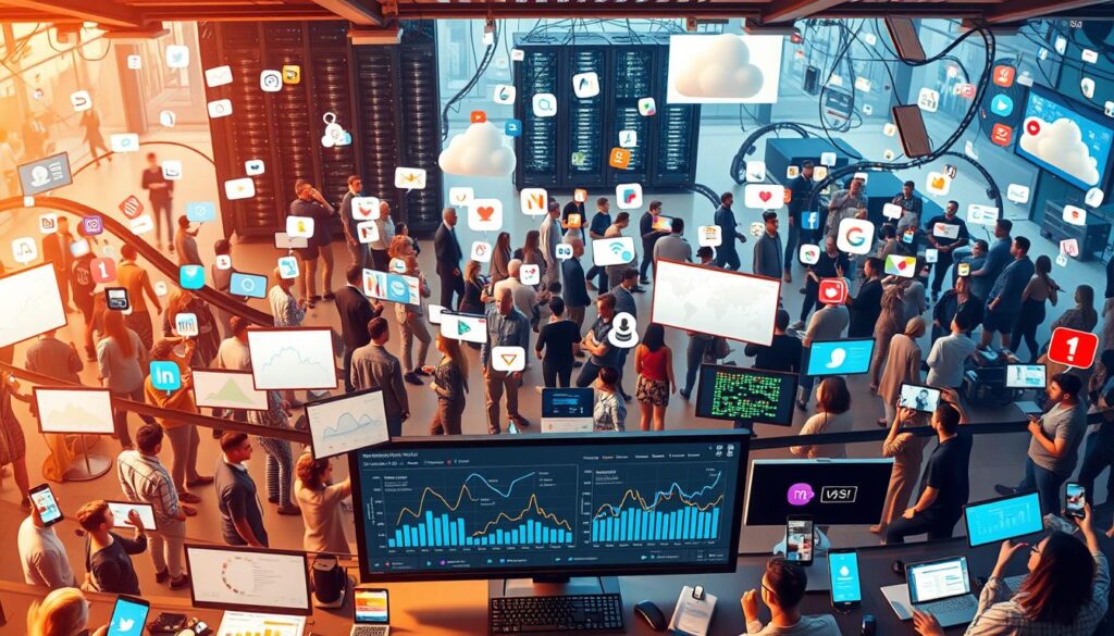 A bustling social media landscape, with various platforms and devices seamlessly interconnected. In the foreground, a central dashboard showcases real-time analytics, displaying trends, sentiments, and user engagement across multiple channels. The middle ground features various data visualization tools, from line graphs to heat maps, providing deep insights into the dynamic social media ecosystem. In the background, a network of servers and cloud infrastructure hums with the constant flow of data, powering the comprehensive monitoring and analysis capabilities. The scene is bathed in a soft, warm light, creating a sense of efficiency and productivity, reflecting the essential role of social media monitoring in the modern digital landscape. A bustling social media landscape, with various platforms and devices seamlessly interconnected. In the foreground, a central dashboard showcases real-time analytics, displaying trends, sentiments, and user engagement across multiple channels. The middle ground features various data visualization tools, from line graphs to heat maps, providing deep insights into the dynamic social media ecosystem. In the background, a network of servers and cloud infrastructure hums with the constant flow of data, powering the comprehensive monitoring and analysis capabilities. The scene is bathed in a soft, warm light, creating a sense of efficiency and productivity, reflecting the essential role of social media monitoring in the modern digital landscape.