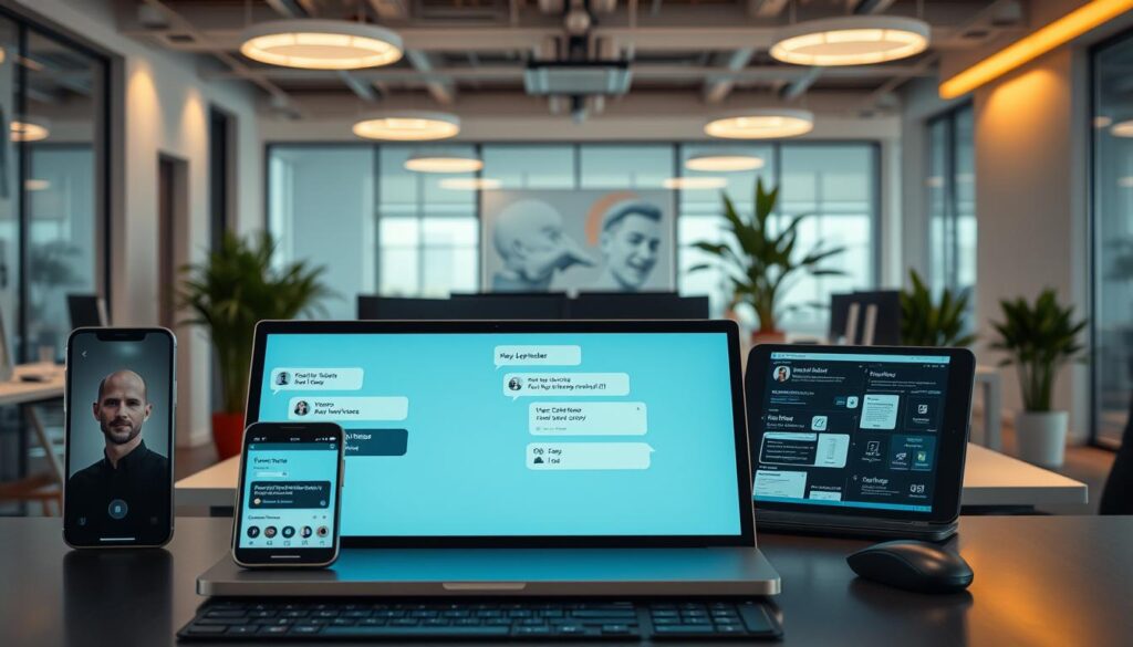 A clean, modern office interior with an array of digital devices and screens. In the foreground, an open laptop displays a chatbot interface, its conversational window dominating the scene. Alongside, a smartphone and tablet showcase various integrated software systems, their icons and windows suggesting seamless connectivity. The middle ground features a desk with a keyboard and mouse, creating a sense of user interaction. In the background, sleek office furniture and potted plants establish a professional, tech-savvy ambiance, illuminated by warm, diffused lighting from overhead fixtures. The composition conveys the harmonious integration of chatbot technology with existing enterprise-level software and hardware, enabling a streamlined, efficient workflow. A clean, modern office interior with an array of digital devices and screens. In the foreground, an open laptop displays a chatbot interface, its conversational window dominating the scene. Alongside, a smartphone and tablet showcase various integrated software systems, their icons and windows suggesting seamless connectivity. The middle ground features a desk with a keyboard and mouse, creating a sense of user interaction. In the background, sleek office furniture and potted plants establish a professional, tech-savvy ambiance, illuminated by warm, diffused lighting from overhead fixtures. The composition conveys the harmonious integration of chatbot technology with existing enterprise-level software and hardware, enabling a streamlined, efficient workflow.