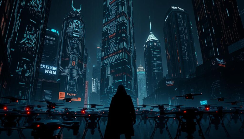 A dark, futuristic cityscape at night, illuminated by the eerie glow of holographic displays and digital interfaces. Towering skyscrapers are adorned with intricate cyberpunk architecture, their facades covered in cascading lines of code and glowing circuit patterns. In the foreground, a shadowy figure stands amidst a swarm of drones and robotic sentinels, their red eyes piercing the gloom. The air is thick with a sense of unease and technological unrest, hinting at the emerging digital threats that lurk within this high-tech landscape. Dramatic lighting casts sharp contrasts, creating a moody, atmospheric scene that captures the ominous nature of the "new digital threats" faced in the modern cyber age. A dark, futuristic cityscape at night, illuminated by the eerie glow of holographic displays and digital interfaces. Towering skyscrapers are adorned with intricate cyberpunk architecture, their facades covered in cascading lines of code and glowing circuit patterns. In the foreground, a shadowy figure stands amidst a swarm of drones and robotic sentinels, their red eyes piercing the gloom. The air is thick with a sense of unease and technological unrest, hinting at the emerging digital threats that lurk within this high-tech landscape. Dramatic lighting casts sharp contrasts, creating a moody, atmospheric scene that captures the ominous nature of the "new digital threats" faced in the modern cyber age.
