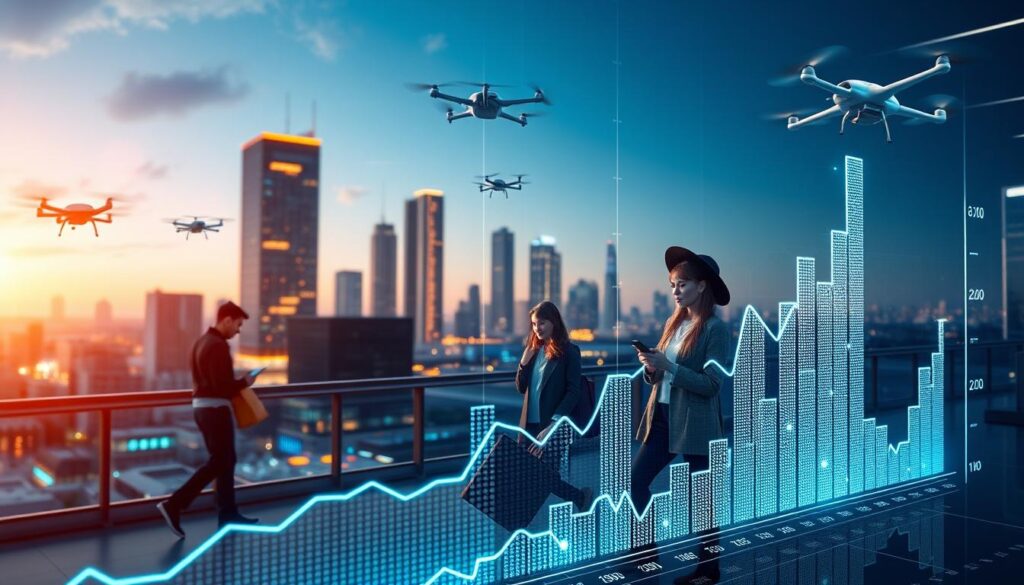 A data-driven visualization of the impact of AI on sales results. In the foreground, a digital graph or chart depicting key sales metrics like revenue, conversion rates, and customer engagement, all driven by advanced AI-powered personalization and recommendation algorithms. In the middle ground, human shoppers interacting with intuitive AI-powered retail interfaces on their mobile devices, making informed purchasing decisions. In the background, a futuristic cityscape with smart buildings and autonomous delivery drones, symbolizing the integration of AI into the retail ecosystem. The overall scene should convey a sense of technological progress, data-driven optimization, and the seamless fusion of human and artificial intelligence in the modern shopping experience. A data-driven visualization of the impact of AI on sales results. In the foreground, a digital graph or chart depicting key sales metrics like revenue, conversion rates, and customer engagement, all driven by advanced AI-powered personalization and recommendation algorithms. In the middle ground, human shoppers interacting with intuitive AI-powered retail interfaces on their mobile devices, making informed purchasing decisions. In the background, a futuristic cityscape with smart buildings and autonomous delivery drones, symbolizing the integration of AI into the retail ecosystem. The overall scene should convey a sense of technological progress, data-driven optimization, and the seamless fusion of human and artificial intelligence in the modern shopping experience.