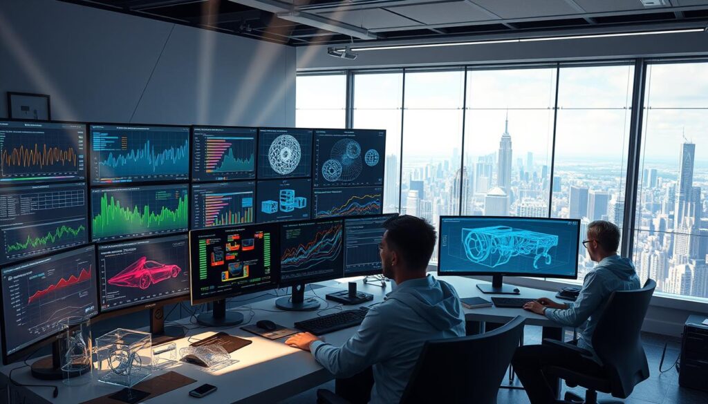 A futuristic game development lab, where an AI-powered render engine optimizes real-time graphics. Sprawling on a sleek, minimalist workstation, colorful data visualizations and 3D wireframe models dance across multiple screens. Beams of soft, directional lighting illuminate the scene, casting dramatic shadows. In the foreground, a trio of engineers intently scrutinize performance metrics and experiment with shader adjustments, their expressions focused and determined. The background reveals a panoramic view of a bustling city skyline, hinting at the immersive virtual worlds made possible through this intelligent optimization. A futuristic game development lab, where an AI-powered render engine optimizes real-time graphics. Sprawling on a sleek, minimalist workstation, colorful data visualizations and 3D wireframe models dance across multiple screens. Beams of soft, directional lighting illuminate the scene, casting dramatic shadows. In the foreground, a trio of engineers intently scrutinize performance metrics and experiment with shader adjustments, their expressions focused and determined. The background reveals a panoramic view of a bustling city skyline, hinting at the immersive virtual worlds made possible through this intelligent optimization.