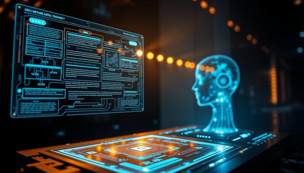 A futuristic, highly detailed close-up view of an artificial intelligence-powered chatbot interface. The foreground features a holographic display with fluid, dynamic data visualizations, indicating the chatbot's understanding and processing of natural language inputs. The middle ground showcases the intricate inner workings of the AI system, with interlaced circuits, microchips, and glowing nodes. The background is shrouded in a dimly lit, enigmatic atmosphere, hinting at the depth and complexity of the underlying knowledge base powering the intelligent conversational agent. Dramatic lighting casts sharp shadows, emphasizing the technological sophistication of the scene. Captured with a wide-angle lens to convey a sense of grandeur and awe-inspiring scale. A futuristic, highly detailed close-up view of an artificial intelligence-powered chatbot interface. The foreground features a holographic display with fluid, dynamic data visualizations, indicating the chatbot's understanding and processing of natural language inputs. The middle ground showcases the intricate inner workings of the AI system, with interlaced circuits, microchips, and glowing nodes. The background is shrouded in a dimly lit, enigmatic atmosphere, hinting at the depth and complexity of the underlying knowledge base powering the intelligent conversational agent. Dramatic lighting casts sharp shadows, emphasizing the technological sophistication of the scene. Captured with a wide-angle lens to convey a sense of grandeur and awe-inspiring scale.