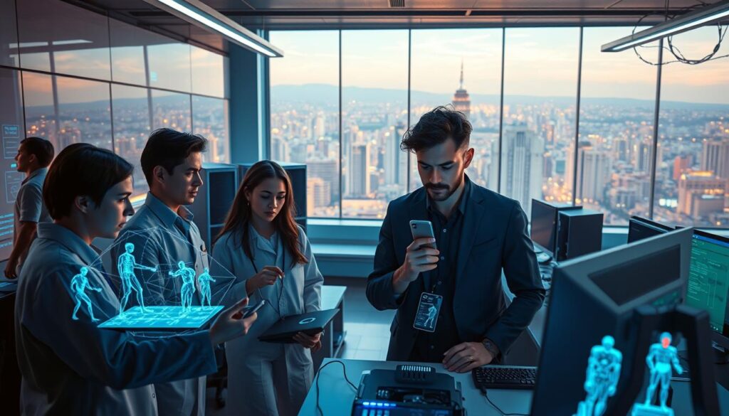 A futuristic university laboratory, bathed in a warm glow of holographic displays and ethereal blue lighting. In the foreground, a team of researchers intently analyzes complex machine learning algorithms, their expressions intense as they manipulate virtual models of game characters and environments. In the middle ground, sleek workstations and servers hum with data processing power, while in the background, a panoramic window reveals a vibrant, tech-infused cityscape - the heart of Brazil's thriving game development ecosystem. An atmosphere of innovation and possibility pervades the scene, hinting at the transformative impact of AI on the future of interactive experiences. A futuristic university laboratory, bathed in a warm glow of holographic displays and ethereal blue lighting. In the foreground, a team of researchers intently analyzes complex machine learning algorithms, their expressions intense as they manipulate virtual models of game characters and environments. In the middle ground, sleek workstations and servers hum with data processing power, while in the background, a panoramic window reveals a vibrant, tech-infused cityscape - the heart of Brazil's thriving game development ecosystem. An atmosphere of innovation and possibility pervades the scene, hinting at the transformative impact of AI on the future of interactive experiences.