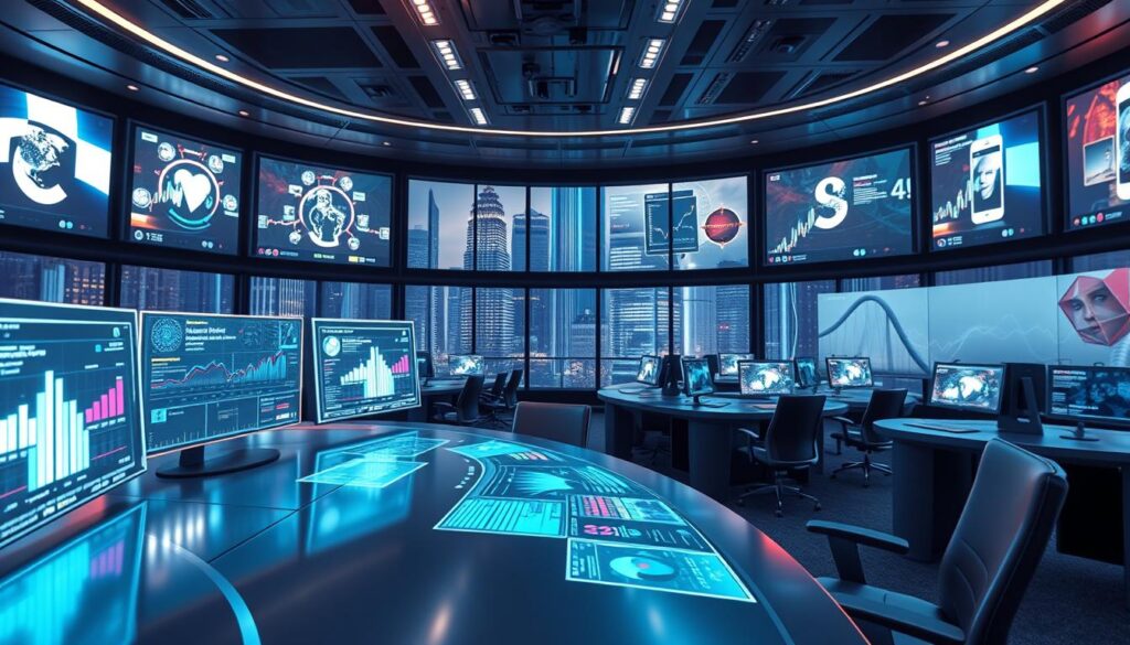 A high-tech control room with a panoramic view of social media analytics dashboards, AI-powered data visualization tools, and sentiment analysis algorithms. In the foreground, a sleek, metallic desk houses a series of holographic displays, each showcasing real-time social media monitoring metrics. The middle ground features rows of ergonomic chairs and large, curved screens casting a warm, ambient glow. The background is dominated by a towering, futuristic cityscape, with skyscrapers and neon-lit streets visible through floor-to-ceiling windows. The overall atmosphere is one of cutting-edge technology, precision, and a sense of control over the constantly evolving social media landscape. A high-tech control room with a panoramic view of social media analytics dashboards, AI-powered data visualization tools, and sentiment analysis algorithms. In the foreground, a sleek, metallic desk houses a series of holographic displays, each showcasing real-time social media monitoring metrics. The middle ground features rows of ergonomic chairs and large, curved screens casting a warm, ambient glow. The background is dominated by a towering, futuristic cityscape, with skyscrapers and neon-lit streets visible through floor-to-ceiling windows. The overall atmosphere is one of cutting-edge technology, precision, and a sense of control over the constantly evolving social media landscape.