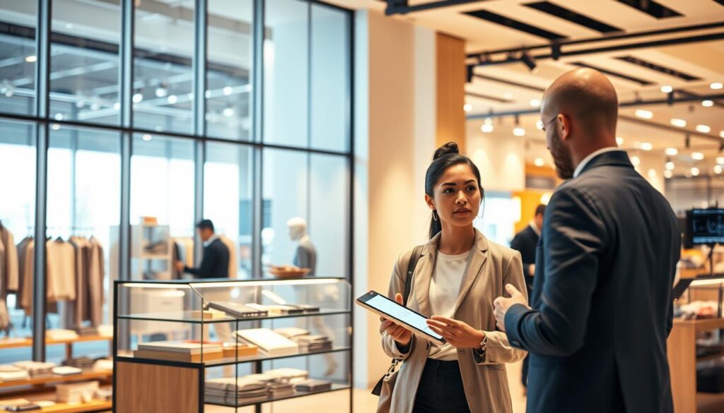 A modern and minimalist retail storefront, bathed in warm lighting from large windows. In the foreground, a stylish sales associate interacts with a customer, demonstrating the seamless integration of AI-powered shopping assistant technology on a sleek tablet device. The middle ground showcases carefully curated product displays, incorporating adaptive pricing and real-time inventory adjustments. In the background, a team of data analysts and software engineers collaborate at computer stations, optimizing the store's operations for the era of AI-driven retail. The overall atmosphere conveys a sense of innovation, efficiency, and a customer-centric shopping experience. A modern and minimalist retail storefront, bathed in warm lighting from large windows. In the foreground, a stylish sales associate interacts with a customer, demonstrating the seamless integration of AI-powered shopping assistant technology on a sleek tablet device. The middle ground showcases carefully curated product displays, incorporating adaptive pricing and real-time inventory adjustments. In the background, a team of data analysts and software engineers collaborate at computer stations, optimizing the store's operations for the era of AI-driven retail. The overall atmosphere conveys a sense of innovation, efficiency, and a customer-centric shopping experience.