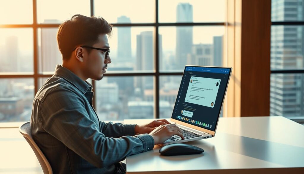 A modern office setting with a large, bright window showcasing a cityscape in the background. In the foreground, a developer sits at a sleek, minimalist desk, intently focused on a laptop screen displaying an AI chatbot development interface. The desk is neatly organized, with a mouse, keyboard, and a few carefully placed office supplies. Warm, natural lighting filters in, creating a sense of productivity and inspiration. The developer's expression is one of deep concentration, their hands moving deftly across the keyboard as they refine the chatbot's responses and behavior. The atmosphere conveys a balance of technology, professionalism, and the creative process of building an intelligent virtual assistant. A modern office setting with a large, bright window showcasing a cityscape in the background. In the foreground, a developer sits at a sleek, minimalist desk, intently focused on a laptop screen displaying an AI chatbot development interface. The desk is neatly organized, with a mouse, keyboard, and a few carefully placed office supplies. Warm, natural lighting filters in, creating a sense of productivity and inspiration. The developer's expression is one of deep concentration, their hands moving deftly across the keyboard as they refine the chatbot's responses and behavior. The atmosphere conveys a balance of technology, professionalism, and the creative process of building an intelligent virtual assistant.