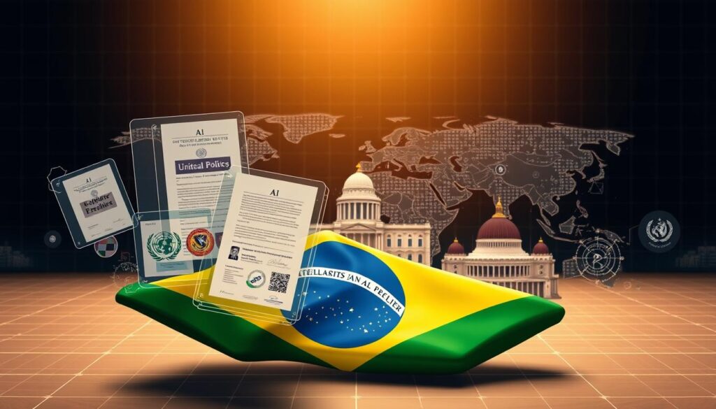 A regulatory framework for AI, depicted as a complex network of policies, guidelines, and international agreements. In the foreground, a three-dimensional model of the Brazilian flag, representing the national context, with overlapping transparent planes showcasing legal documents and seals. In the middle ground, a panoramic view of global landmarks, such as the United Nations headquarters and the European Parliament, symbolizing the international scope of AI governance. The background features a subtle grid-like pattern, suggesting the interconnected and technological nature of the subject matter. The scene is illuminated by a warm, diffused lighting, creating a sense of authority and professionalism. A regulatory framework for AI, depicted as a complex network of policies, guidelines, and international agreements. In the foreground, a three-dimensional model of the Brazilian flag, representing the national context, with overlapping transparent planes showcasing legal documents and seals. In the middle ground, a panoramic view of global landmarks, such as the United Nations headquarters and the European Parliament, symbolizing the international scope of AI governance. The background features a subtle grid-like pattern, suggesting the interconnected and technological nature of the subject matter. The scene is illuminated by a warm, diffused lighting, creating a sense of authority and professionalism.