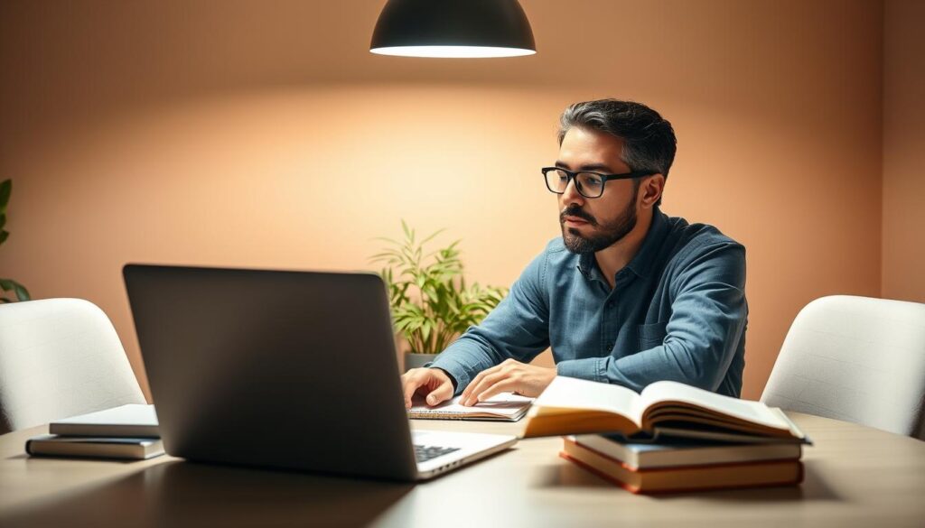 A serene, well-lit workspace with an open laptop, books, and a thoughtful researcher deeply engaged in the process of responsible AI development. The background is a warm, natural palette with hints of greenery, conveying a sense of balance and sustainability. Subtle geometric patterns on the desk and surrounding walls suggest a harmonious, structured approach. Soft, directional lighting from an overhead source casts a contemplative glow, highlighting the researcher's focused expression. The overall scene evokes a methodical, ethically-minded exploration of AI solutions that are both effective and socially conscious. A serene, well-lit workspace with an open laptop, books, and a thoughtful researcher deeply engaged in the process of responsible AI development. The background is a warm, natural palette with hints of greenery, conveying a sense of balance and sustainability. Subtle geometric patterns on the desk and surrounding walls suggest a harmonious, structured approach. Soft, directional lighting from an overhead source casts a contemplative glow, highlighting the researcher's focused expression. The overall scene evokes a methodical, ethically-minded exploration of AI solutions that are both effective and socially conscious.