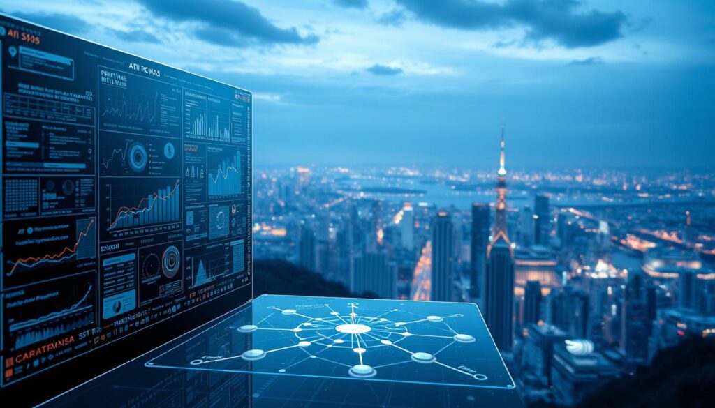 A sleek, futuristic digital landscape depicting the power of artificial intelligence in social media analysis. In the foreground, a holographic interface showcases intricate data visualizations, graphs, and predictive analytics. The midground features a cluster of interconnected nodes and networks, representing the complex web of online interactions. In the background, a panoramic view of a bustling metropolis, where the insights gleaned from AI-driven social media monitoring influence decision-making and policy. Crisp, high-contrast lighting illuminates the scene, creating a sense of technological sophistication and innovation. The overall mood is one of scientific authority, progressive thinking, and the transformative potential of artificial intelligence in the realm of social media intelligence. A sleek, futuristic digital landscape depicting the power of artificial intelligence in social media analysis. In the foreground, a holographic interface showcases intricate data visualizations, graphs, and predictive analytics. The midground features a cluster of interconnected nodes and networks, representing the complex web of online interactions. In the background, a panoramic view of a bustling metropolis, where the insights gleaned from AI-driven social media monitoring influence decision-making and policy. Crisp, high-contrast lighting illuminates the scene, creating a sense of technological sophistication and innovation. The overall mood is one of scientific authority, progressive thinking, and the transformative potential of artificial intelligence in the realm of social media intelligence.