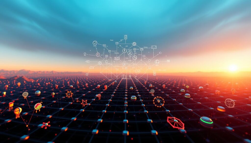 A striking panorama of diverse machine learning algorithms, depicted in a sophisticated, hyper-realistic style. The foreground showcases a variety of algorithm icons, each with its own distinctive shape and color, representing techniques like linear regression, decision trees, neural networks, and clustering. The middle ground features a dynamic, three-dimensional grid, with mathematical formulas and data visualizations intertwined, conveying the technical complexity of these algorithms. The background is a serene, metallic-toned landscape, hinting at the powerful computing infrastructure that powers modern machine learning. Elegant lighting, a cinematic depth of field, and a sense of grand scale combine to create a captivating, high-fidelity illustration of the "Tipos de Algoritmos de Aprendizado de Máquina" concept. A striking panorama of diverse machine learning algorithms, depicted in a sophisticated, hyper-realistic style. The foreground showcases a variety of algorithm icons, each with its own distinctive shape and color, representing techniques like linear regression, decision trees, neural networks, and clustering. The middle ground features a dynamic, three-dimensional grid, with mathematical formulas and data visualizations intertwined, conveying the technical complexity of these algorithms. The background is a serene, metallic-toned landscape, hinting at the powerful computing infrastructure that powers modern machine learning. Elegant lighting, a cinematic depth of field, and a sense of grand scale combine to create a captivating, high-fidelity illustration of the "Tipos de Algoritmos de Aprendizado de Máquina" concept.