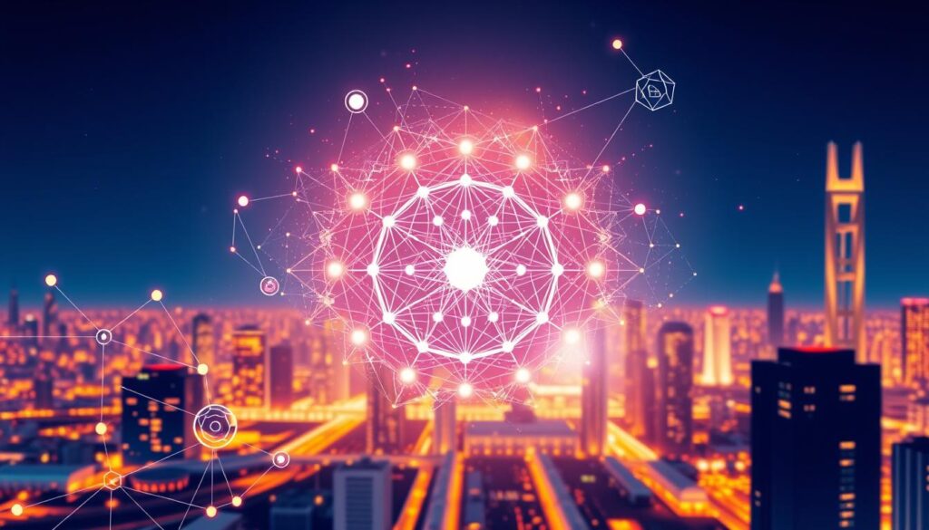 A stylized abstract illustration depicting the ethical principles and practices of responsible AI development. In the foreground, a series of interconnected geometric shapes and lines representing core ethical values such as transparency, accountability, fairness, and privacy. The middle ground features a complex neural network structure, symbolizing the AI system, overlaid with glowing, ethereal energy fields to convey the notion of ethical and sustainable implementation. The background showcases a futuristic cityscape bathed in warm, harmonious lighting, suggesting the real-world application and societal impact of responsible AI solutions. The overall composition should evoke a sense of balance, harmony, and the seamless integration of ethics into the fabric of AI development. A stylized abstract illustration depicting the ethical principles and practices of responsible AI development. In the foreground, a series of interconnected geometric shapes and lines representing core ethical values such as transparency, accountability, fairness, and privacy. The middle ground features a complex neural network structure, symbolizing the AI system, overlaid with glowing, ethereal energy fields to convey the notion of ethical and sustainable implementation. The background showcases a futuristic cityscape bathed in warm, harmonious lighting, suggesting the real-world application and societal impact of responsible AI solutions. The overall composition should evoke a sense of balance, harmony, and the seamless integration of ethics into the fabric of AI development.