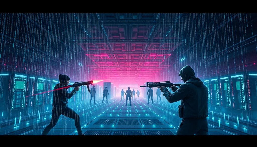 A vast, futuristic digital battlefield where hackers and cybersecurity experts clash with cutting-edge weaponry. In the foreground, binary code streams cascade like digital rain, casting an eerie glow on the dueling figures. Sleek, advanced hardware and software tools fill the middle ground, while in the distant background, a complex network of servers and data centers hums with activity. The scene conveys a sense of high-stakes, high-tech conflict, with the fate of sensitive data hanging in the balance. Dramatic lighting and a moody, neon-tinged color palette heighten the tension and drama of the "digital arms race" unfolding. A vast, futuristic digital battlefield where hackers and cybersecurity experts clash with cutting-edge weaponry. In the foreground, binary code streams cascade like digital rain, casting an eerie glow on the dueling figures. Sleek, advanced hardware and software tools fill the middle ground, while in the distant background, a complex network of servers and data centers hums with activity. The scene conveys a sense of high-stakes, high-tech conflict, with the fate of sensitive data hanging in the balance. Dramatic lighting and a moody, neon-tinged color palette heighten the tension and drama of the "digital arms race" unfolding.