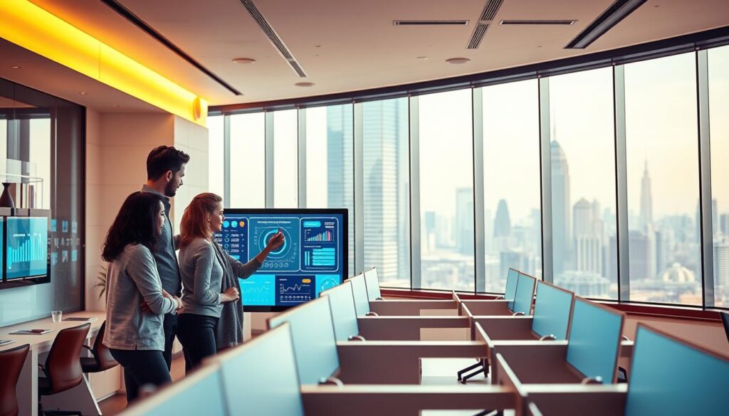 A vibrant and modern office setting showcasing AI strategies for retailers. In the foreground, a team of professionals collaborating around a large touchscreen display, analyzing customer data and visualizing predictive insights. Soft, directional lighting casts a warm glow, while the middle ground features rows of sleek, minimalist workstations. In the background, a panoramic window overlooks a bustling city skyline, symbolizing the interconnected, tech-driven nature of the retail industry. The overall atmosphere conveys a sense of innovation, data-driven decision making, and a forward-thinking approach to enhancing the customer experience. A vibrant and modern office setting showcasing AI strategies for retailers. In the foreground, a team of professionals collaborating around a large touchscreen display, analyzing customer data and visualizing predictive insights. Soft, directional lighting casts a warm glow, while the middle ground features rows of sleek, minimalist workstations. In the background, a panoramic window overlooks a bustling city skyline, symbolizing the interconnected, tech-driven nature of the retail industry. The overall atmosphere conveys a sense of innovation, data-driven decision making, and a forward-thinking approach to enhancing the customer experience.