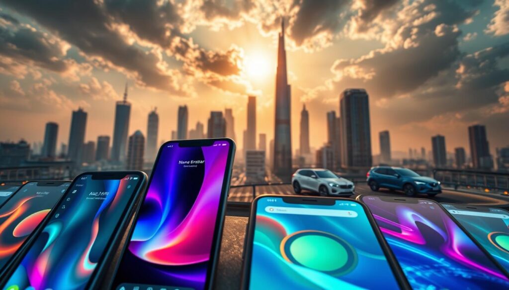 Highly detailed, cinematic image of customized mobile applications showcasing the latest advancements in AI-powered mobile development. Foreground features an array of stylized smartphone screens displaying sleek, intuitive user interfaces with vibrant colors and avant-garde designs. Midground depicts a futuristic cityscape with towering skyscrapers, holographic displays, and autonomous vehicles. Background shows a dramatic, sun-drenched sky with dramatic cloud formations and rays of light. Lighting is dramatic and moody, with warm highlights and deep shadows. Cinematic camera angle captures the scene at a low, dynamic perspective to convey a sense of scale and technological grandeur. The overall mood is one of innovation, progress, and the boundless potential of AI-powered mobile experiences. Highly detailed, cinematic image of customized mobile applications showcasing the latest advancements in AI-powered mobile development. Foreground features an array of stylized smartphone screens displaying sleek, intuitive user interfaces with vibrant colors and avant-garde designs. Midground depicts a futuristic cityscape with towering skyscrapers, holographic displays, and autonomous vehicles. Background shows a dramatic, sun-drenched sky with dramatic cloud formations and rays of light. Lighting is dramatic and moody, with warm highlights and deep shadows. Cinematic camera angle captures the scene at a low, dynamic perspective to convey a sense of scale and technological grandeur. The overall mood is one of innovation, progress, and the boundless potential of AI-powered mobile experiences.