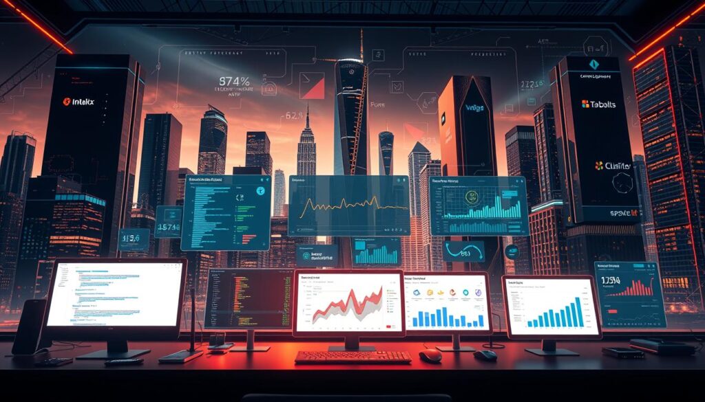 Intricate array of AI-powered tools for seamless test automation, against a backdrop of a sleek, futuristic software development environment. The foreground features a diverse set of sophisticated applications - code editors, testing frameworks, ML-driven bug detection, and data visualization dashboards. The middle ground showcases interactive dashboards tracking test coverage, performance metrics, and deployment pipelines. The background depicts a stylized cityscape of towering skyscrapers, conveying the scale and complexity of modern web and mobile app development. Dramatic lighting accentuates the high-tech aesthetic, with warm tones and reflective surfaces evoking a sense of innovation and progress. Intricate array of AI-powered tools for seamless test automation, against a backdrop of a sleek, futuristic software development environment. The foreground features a diverse set of sophisticated applications - code editors, testing frameworks, ML-driven bug detection, and data visualization dashboards. The middle ground showcases interactive dashboards tracking test coverage, performance metrics, and deployment pipelines. The background depicts a stylized cityscape of towering skyscrapers, conveying the scale and complexity of modern web and mobile app development. Dramatic lighting accentuates the high-tech aesthetic, with warm tones and reflective surfaces evoking a sense of innovation and progress.