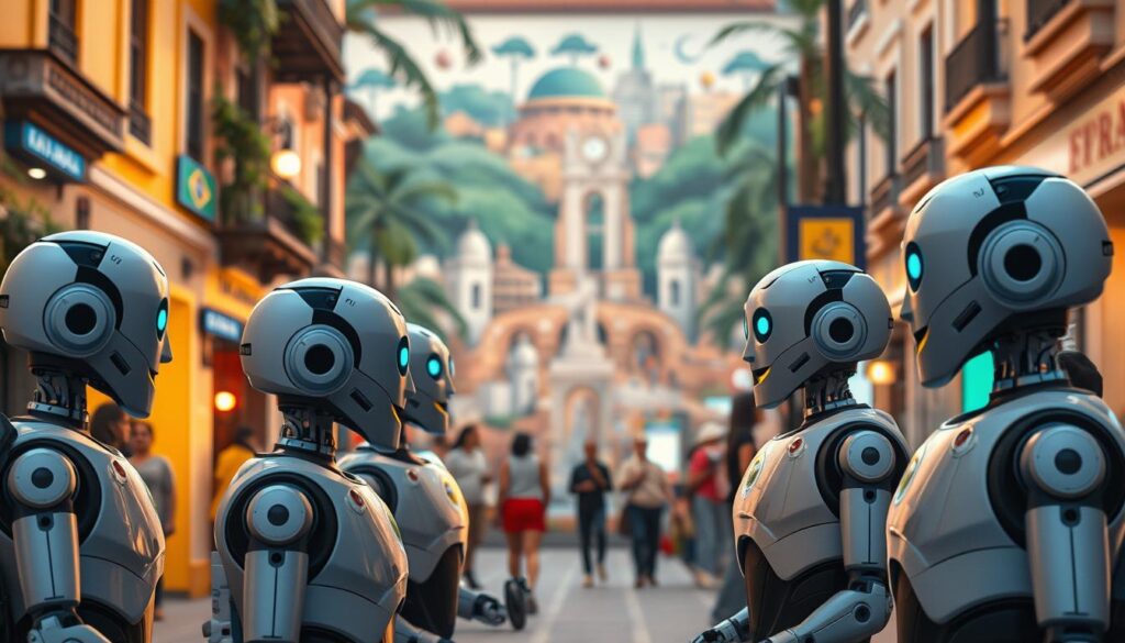 A bustling Brazilian street scene, with vibrant colors and a lively atmosphere. In the foreground, a group of chatbots engage in animated conversation, their digital personas infused with the warmth and charm of Brazilian culture. The chatbots, rendered in a stylized, yet realistic manner, are positioned in the center of the frame, capturing the essence of this unique AI-powered interaction. The middle ground features a mix of traditional architecture and modern technology, such as holographic displays and interactive kiosks, seamlessly blending the digital and physical realms. In the background, a vibrant mural depicting Brazilian iconography and landmarks sets the stage, bathed in soft, warm lighting that evokes a sense of comfort and familiarity. The overall composition conveys the successful integration of AI-driven chatbots into the everyday Brazilian experience, showcasing the country's innovative approach to enhancing user engagement and digital interactions. A bustling Brazilian street scene, with vibrant colors and a lively atmosphere. In the foreground, a group of chatbots engage in animated conversation, their digital personas infused with the warmth and charm of Brazilian culture. The chatbots, rendered in a stylized, yet realistic manner, are positioned in the center of the frame, capturing the essence of this unique AI-powered interaction. The middle ground features a mix of traditional architecture and modern technology, such as holographic displays and interactive kiosks, seamlessly blending the digital and physical realms. In the background, a vibrant mural depicting Brazilian iconography and landmarks sets the stage, bathed in soft, warm lighting that evokes a sense of comfort and familiarity. The overall composition conveys the successful integration of AI-driven chatbots into the everyday Brazilian experience, showcasing the country's innovative approach to enhancing user engagement and digital interactions.