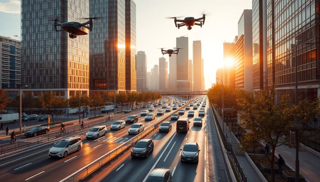 A bustling urban landscape with gleaming high-rise buildings in the background, their windows reflecting the golden hues of the setting sun. In the foreground, a network of self-driving electric vehicles navigates the smooth, efficient roads, seamlessly coordinated by a sophisticated traffic management system. Pedestrians and cyclists coexist harmoniously, their movements choreographed by intelligent sensors and signals. Overhead, drones and flying transport pods criss-cross the sky, delivering packages and transporting passengers. The scene exudes a sense of harmony, efficiency, and a vision of a future where technology enhances urban mobility and revolutionizes the way we move through the city. A bustling urban landscape with gleaming high-rise buildings in the background, their windows reflecting the golden hues of the setting sun. In the foreground, a network of self-driving electric vehicles navigates the smooth, efficient roads, seamlessly coordinated by a sophisticated traffic management system. Pedestrians and cyclists coexist harmoniously, their movements choreographed by intelligent sensors and signals. Overhead, drones and flying transport pods criss-cross the sky, delivering packages and transporting passengers. The scene exudes a sense of harmony, efficiency, and a vision of a future where technology enhances urban mobility and revolutionizes the way we move through the city.