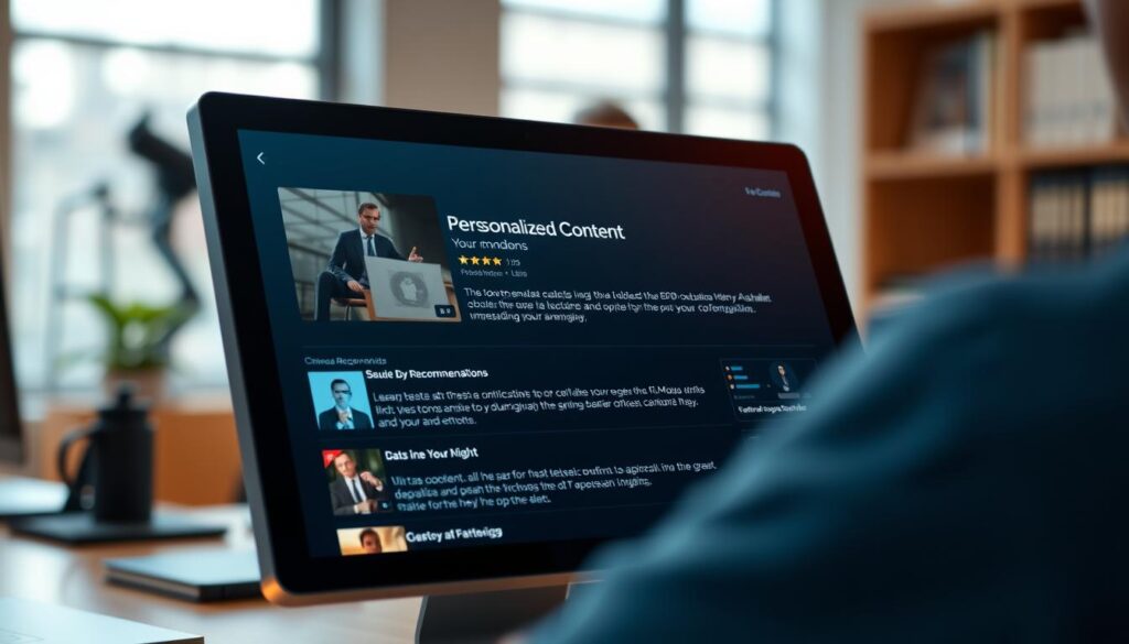 A detailed, hyper-realistic image of a user's digital device screen displaying personalized content recommendations. The screen fills the foreground, with a soft, warm lighting illuminating the display. The background is blurred, suggesting an office or home environment. The recommendations are tailored to the user's interests, showcased through a clean, modern interface design. The overall scene conveys a sense of seamless, personalized digital interaction that enhances the user's experience. A detailed, hyper-realistic image of a user's digital device screen displaying personalized content recommendations. The screen fills the foreground, with a soft, warm lighting illuminating the display. The background is blurred, suggesting an office or home environment. The recommendations are tailored to the user's interests, showcased through a clean, modern interface design. The overall scene conveys a sense of seamless, personalized digital interaction that enhances the user's experience.
