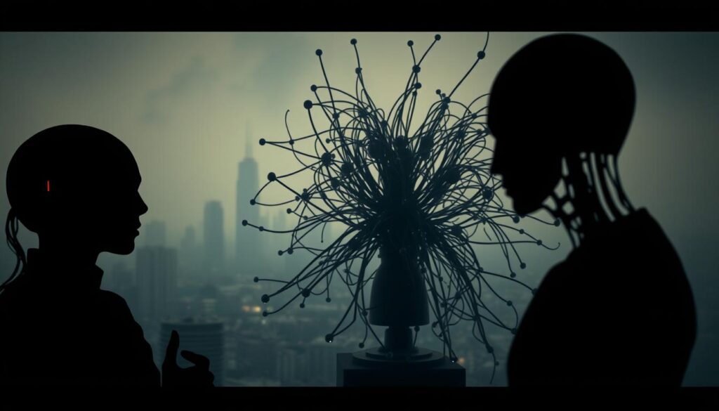 A dimly lit, introspective scene of two AI agents contemplating a series of ethical quandaries. The foreground features the agents, their faces shrouded in shadow, engaged in deep discussion. In the middle ground, a tangled web of data streams and code fragments suggest the complexity of the issues at hand. The background depicts a hazy, dystopian cityscape, hinting at the broader societal implications of AI ethics. Dramatic lighting casts the scene in a somber, reflective tone, emphasizing the gravity of the moral dilemmas faced by the AI agents. The overall composition evokes a sense of unease and uncertainty, mirroring the challenges of navigating the ethical minefields of artificial intelligence. A dimly lit, introspective scene of two AI agents contemplating a series of ethical quandaries. The foreground features the agents, their faces shrouded in shadow, engaged in deep discussion. In the middle ground, a tangled web of data streams and code fragments suggest the complexity of the issues at hand. The background depicts a hazy, dystopian cityscape, hinting at the broader societal implications of AI ethics. Dramatic lighting casts the scene in a somber, reflective tone, emphasizing the gravity of the moral dilemmas faced by the AI agents. The overall composition evokes a sense of unease and uncertainty, mirroring the challenges of navigating the ethical minefields of artificial intelligence.