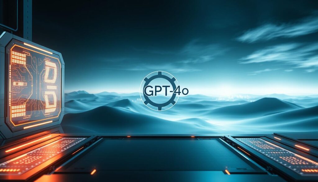 A dramatic, cinematic rendering of the transition from GPT-4 to GPT-4o. In the foreground, a metallic, futuristic interface with glowing holographic panels and ethereal data streams. The middle ground features a central icon or emblem symbolizing the shift, rendered in sleek, stylized 3D. In the background, a vast, abstract expanse of shifting digital landscapes, gradient-based color fields, and subtle geometric patterns, conveying a sense of technological evolution and progress. The lighting is dramatic, with a mix of cool and warm tones, creating depth and visual interest. The overall mood is one of technological advancement, seamless transition, and a vision of the future. A dramatic, cinematic rendering of the transition from GPT-4 to GPT-4o. In the foreground, a metallic, futuristic interface with glowing holographic panels and ethereal data streams. The middle ground features a central icon or emblem symbolizing the shift, rendered in sleek, stylized 3D. In the background, a vast, abstract expanse of shifting digital landscapes, gradient-based color fields, and subtle geometric patterns, conveying a sense of technological evolution and progress. The lighting is dramatic, with a mix of cool and warm tones, creating depth and visual interest. The overall mood is one of technological advancement, seamless transition, and a vision of the future.
