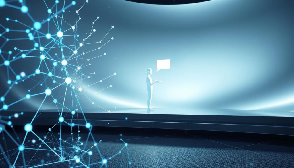 A dynamic and futuristic visualization of natural language processing, embodying the seamless integration of language and technology. In the foreground, an intricate neural network of interconnected nodes and lines pulsates with energy, symbolizing the complex algorithms that power NLP. In the middle ground, a lifelike holographic figure engages in a captivating dialogue, showcasing the natural and intuitive interaction between humans and machines. The background is a sleek, minimalist landscape of gleaming metallic surfaces and soft, diffused lighting, evoking a sense of advanced technological sophistication. The overall composition conveys the profound impact of NLP in shaping the future of communication and understanding between humans and intelligent systems. A dynamic and futuristic visualization of natural language processing, embodying the seamless integration of language and technology. In the foreground, an intricate neural network of interconnected nodes and lines pulsates with energy, symbolizing the complex algorithms that power NLP. In the middle ground, a lifelike holographic figure engages in a captivating dialogue, showcasing the natural and intuitive interaction between humans and machines. The background is a sleek, minimalist landscape of gleaming metallic surfaces and soft, diffused lighting, evoking a sense of advanced technological sophistication. The overall composition conveys the profound impact of NLP in shaping the future of communication and understanding between humans and intelligent systems.