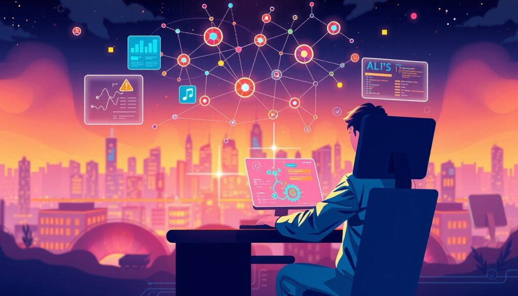 A dynamic, colorful illustration of a data scientist or AI engineer working on a software development project. The foreground shows a person at a computer, surrounded by floating holographic displays, data visualizations, and lines of code. The middle ground features a network of interconnected nodes, symbolizing the complexity of AI systems. The background depicts a futuristic city skyline, hinting at the integration of AI technologies into urban environments. The scene is illuminated by a warm, ambient lighting, creating a sense of innovation and technological progress. The overall tone is one of exploration, collaboration, and the power of AI to drive project development. A dynamic, colorful illustration of a data scientist or AI engineer working on a software development project. The foreground shows a person at a computer, surrounded by floating holographic displays, data visualizations, and lines of code. The middle ground features a network of interconnected nodes, symbolizing the complexity of AI systems. The background depicts a futuristic city skyline, hinting at the integration of AI technologies into urban environments. The scene is illuminated by a warm, ambient lighting, creating a sense of innovation and technological progress. The overall tone is one of exploration, collaboration, and the power of AI to drive project development.