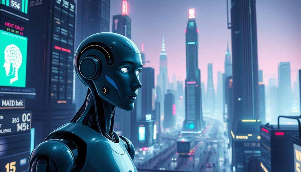 A futuristic, neon-lit cityscape of towering skyscrapers and glowing holograms. In the foreground, a lifelike android figure stands with an expression of thoughtful contemplation, its eyes aglow with an inner intelligence. The middle ground is filled with a bustling flow of hovering vehicles and pedestrians, while the background fades into a hazy, dreamlike horizon. Bathed in a cool, electric palette of blues, purples, and greens, the scene conveys a sense of wonder and technological innovation at the heart of the artificial intelligence revolution. A futuristic, neon-lit cityscape of towering skyscrapers and glowing holograms. In the foreground, a lifelike android figure stands with an expression of thoughtful contemplation, its eyes aglow with an inner intelligence. The middle ground is filled with a bustling flow of hovering vehicles and pedestrians, while the background fades into a hazy, dreamlike horizon. Bathed in a cool, electric palette of blues, purples, and greens, the scene conveys a sense of wonder and technological innovation at the heart of the artificial intelligence revolution.