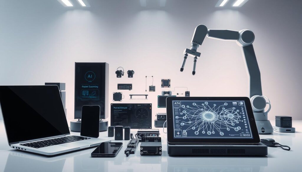 A highly detailed, photorealistic image of an assortment of modern machine learning tools and devices against a sleek, minimalist backdrop. The foreground features a laptop, a smartphone, a robotic arm, and a neural network visualization displayed on a tablet. The middle ground showcases various AI-powered sensors, microcontrollers, and data processing hardware. The background is a clean, futuristic environment with subtle lighting and reflections, conveying a sense of technological sophistication and innovation. The overall mood is one of cutting-edge progress, efficiency, and the transformative power of artificial intelligence in driving modern software development. A highly detailed, photorealistic image of an assortment of modern machine learning tools and devices against a sleek, minimalist backdrop. The foreground features a laptop, a smartphone, a robotic arm, and a neural network visualization displayed on a tablet. The middle ground showcases various AI-powered sensors, microcontrollers, and data processing hardware. The background is a clean, futuristic environment with subtle lighting and reflections, conveying a sense of technological sophistication and innovation. The overall mood is one of cutting-edge progress, efficiency, and the transformative power of artificial intelligence in driving modern software development.