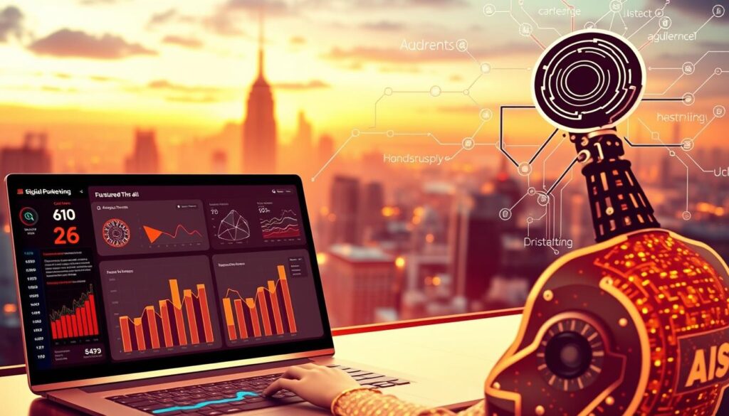 A modern digital marketing campaign being optimized by a sophisticated AI system. In the foreground, a sleek dashboard displays real-time data and performance metrics, with intuitive visualizations. In the middle ground, an AI agent analyzes campaign parameters, audience insights, and market trends, dynamically adjusting strategies. The background features a cityscape, representing the scale and complexity of the digital landscape. Warm lighting casts a futuristic glow, conveying the transformative power of intelligent automation in elevating marketing campaigns. The scene captures the seamless integration of human expertise and AI-driven optimization, shaping the future of digital marketing. A modern digital marketing campaign being optimized by a sophisticated AI system. In the foreground, a sleek dashboard displays real-time data and performance metrics, with intuitive visualizations. In the middle ground, an AI agent analyzes campaign parameters, audience insights, and market trends, dynamically adjusting strategies. The background features a cityscape, representing the scale and complexity of the digital landscape. Warm lighting casts a futuristic glow, conveying the transformative power of intelligent automation in elevating marketing campaigns. The scene captures the seamless integration of human expertise and AI-driven optimization, shaping the future of digital marketing.