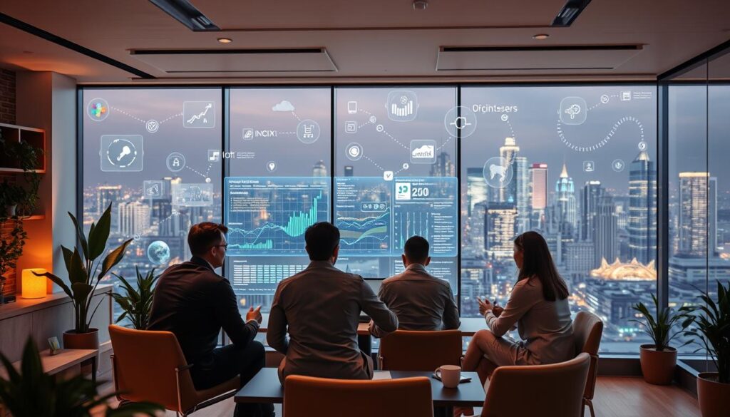 A modern, sleek office setting with a cozy, creative atmosphere. In the foreground, a team of professionals collaborating around a large, high-resolution display showcasing a dynamic data visualization. Holographic interfaces and ambient lighting create an immersive, futuristic ambiance. In the middle ground, various AI-powered marketing tools and software are seamlessly integrated, streamlining workflows. The background depicts the bustling city skyline, symbolizing the integration of artificial intelligence within the thriving digital marketing landscape of Brazil. A modern, sleek office setting with a cozy, creative atmosphere. In the foreground, a team of professionals collaborating around a large, high-resolution display showcasing a dynamic data visualization. Holographic interfaces and ambient lighting create an immersive, futuristic ambiance. In the middle ground, various AI-powered marketing tools and software are seamlessly integrated, streamlining workflows. The background depicts the bustling city skyline, symbolizing the integration of artificial intelligence within the thriving digital marketing landscape of Brazil.