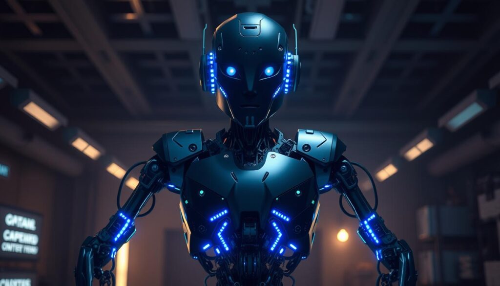 A sleek, futuristic metallic robot with a complex, intricately designed exoskeleton stands in a dimly lit, high-tech laboratory. Glowing blue circuits run along its limbs and torso, emanating an otherworldly energy. The robot's expressionless faceplate is dominated by a single, piercing eye that seems to gaze into the viewer's soul. Soft, ambient lighting casts dramatic shadows, creating a sense of power and mystery. The robot's presence commands attention, hinting at the revolutionary advancements in artificial intelligence that have led to its creation - the new GPT-4o, a groundbreaking evolution in language models. A sleek, futuristic metallic robot with a complex, intricately designed exoskeleton stands in a dimly lit, high-tech laboratory. Glowing blue circuits run along its limbs and torso, emanating an otherworldly energy. The robot's expressionless faceplate is dominated by a single, piercing eye that seems to gaze into the viewer's soul. Soft, ambient lighting casts dramatic shadows, creating a sense of power and mystery. The robot's presence commands attention, hinting at the revolutionary advancements in artificial intelligence that have led to its creation - the new GPT-4o, a groundbreaking evolution in language models.