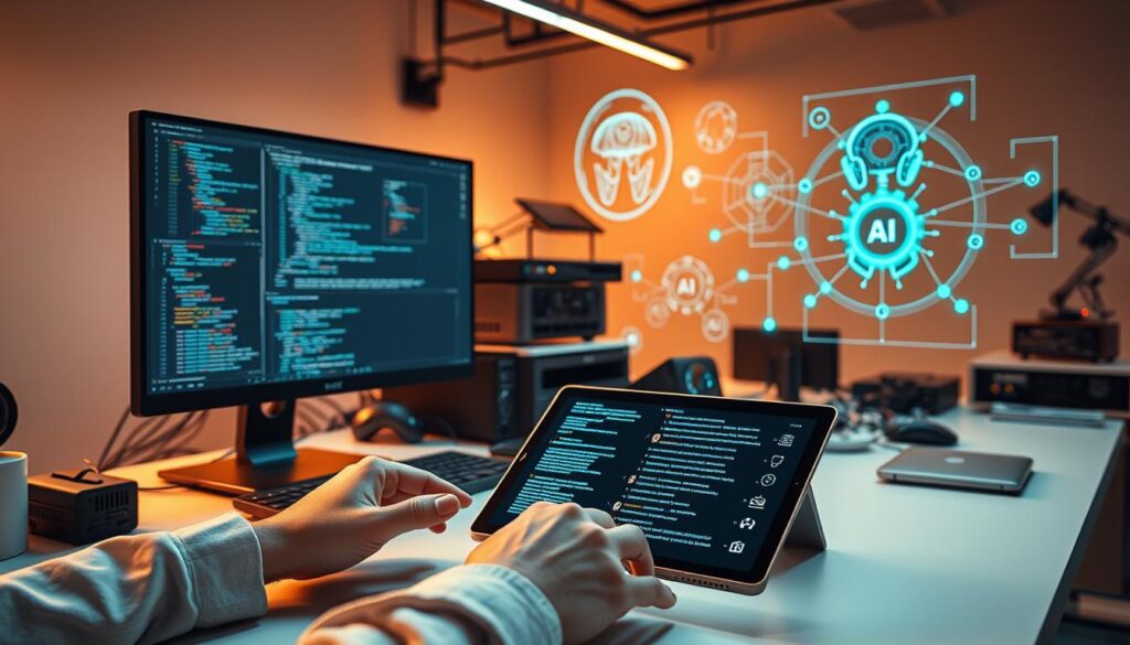 A sleek, modern workspace with an array of cutting-edge AI development tools, including a powerful desktop computer, a high-resolution tablet, and an assortment of specialized hardware and software. The scene is bathed in a warm, focused light, creating a sense of productivity and innovation. In the foreground, a developer's hands manipulate a series of code snippets and data visualizations, while in the background, holographic displays showcase the capabilities of various AI models. The overall atmosphere conveys a sense of focus, experimentation, and the endless possibilities of AI-driven development. A sleek, modern workspace with an array of cutting-edge AI development tools, including a powerful desktop computer, a high-resolution tablet, and an assortment of specialized hardware and software. The scene is bathed in a warm, focused light, creating a sense of productivity and innovation. In the foreground, a developer's hands manipulate a series of code snippets and data visualizations, while in the background, holographic displays showcase the capabilities of various AI models. The overall atmosphere conveys a sense of focus, experimentation, and the endless possibilities of AI-driven development.