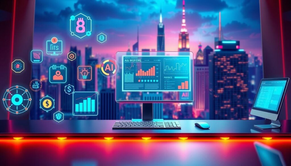A vibrant, futuristic illustration showcasing various AI-powered digital marketing tools. In the foreground, an array of colorful, holographic icons representing automation, analytics, and personalization software float above a sleek, metallic desk. In the middle ground, a large, glowing computer screen displays data visualizations and AI-generated content. The background features a cityscape of towering skyscrapers, with a vibrant, neon-lit skyline. The lighting is dynamic, with warm, ambient tones highlighting the high-tech, innovative atmosphere. The overall composition conveys a sense of efficiency, productivity, and the power of AI-driven digital marketing. A vibrant, futuristic illustration showcasing various AI-powered digital marketing tools. In the foreground, an array of colorful, holographic icons representing automation, analytics, and personalization software float above a sleek, metallic desk. In the middle ground, a large, glowing computer screen displays data visualizations and AI-generated content. The background features a cityscape of towering skyscrapers, with a vibrant, neon-lit skyline. The lighting is dynamic, with warm, ambient tones highlighting the high-tech, innovative atmosphere. The overall composition conveys a sense of efficiency, productivity, and the power of AI-driven digital marketing.