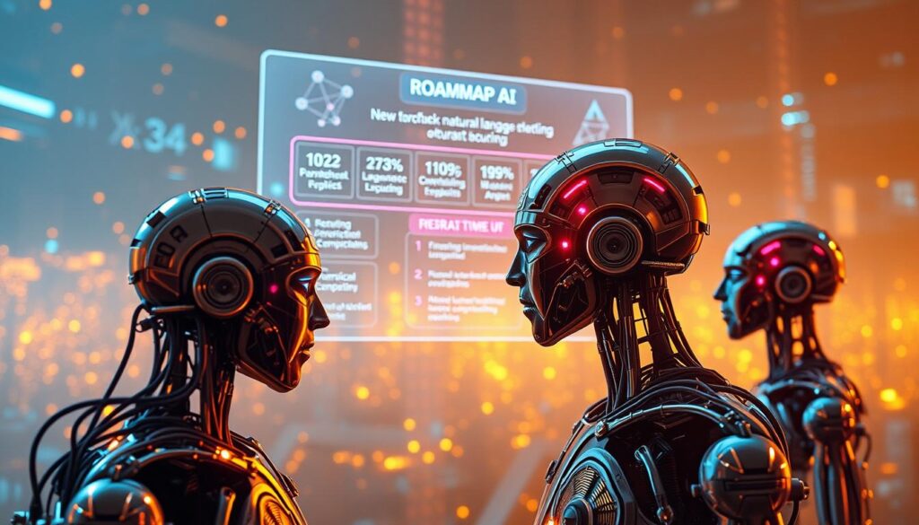 A vibrant, futuristic scene depicting the evolution of artificial intelligence. In the foreground, advanced AI models converse and collaborate, their circuits and algorithms intertwining. The middle ground features a hazy, holographic display showcasing the roadmap of AI development - new architectures, breakthroughs in natural language processing, and the integration of quantum computing. The background is bathed in a warm, golden glow, symbolizing the boundless potential of this transformative technology. The scene is captured through the lens of a high-resolution, wide-angle camera, emphasizing the grand scale and interconnectedness of the AI landscape. An atmosphere of progress, innovation, and possibility permeates the image. A vibrant, futuristic scene depicting the evolution of artificial intelligence. In the foreground, advanced AI models converse and collaborate, their circuits and algorithms intertwining. The middle ground features a hazy, holographic display showcasing the roadmap of AI development - new architectures, breakthroughs in natural language processing, and the integration of quantum computing. The background is bathed in a warm, golden glow, symbolizing the boundless potential of this transformative technology. The scene is captured through the lens of a high-resolution, wide-angle camera, emphasizing the grand scale and interconnectedness of the AI landscape. An atmosphere of progress, innovation, and possibility permeates the image.