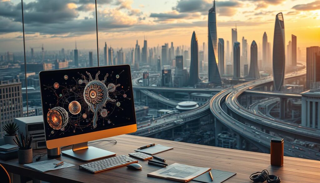 A visually stunning and technologically advanced scene depicting the creation of visual content using artificial intelligence. In the foreground, a sleek and modern desktop computer displays intricate digital artwork, the result of an AI-powered image generation process. The middle ground features a creative workspace with design tools, sketchpads, and a sense of focused creative energy. In the background, a panoramic view of a futuristic cityscape, with towering skyscrapers and advanced transportation systems, reflecting the transformative power of AI in the field of visual content creation. Warm, diffused lighting casts a sense of wonder and innovation, while the overall composition conveys a harmonious balance between human creativity and technological prowess. A visually stunning and technologically advanced scene depicting the creation of visual content using artificial intelligence. In the foreground, a sleek and modern desktop computer displays intricate digital artwork, the result of an AI-powered image generation process. The middle ground features a creative workspace with design tools, sketchpads, and a sense of focused creative energy. In the background, a panoramic view of a futuristic cityscape, with towering skyscrapers and advanced transportation systems, reflecting the transformative power of AI in the field of visual content creation. Warm, diffused lighting casts a sense of wonder and innovation, while the overall composition conveys a harmonious balance between human creativity and technological prowess.