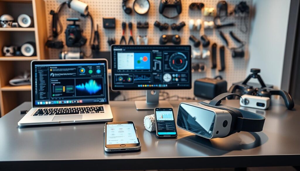 A well-lit, high-resolution image of various artificial intelligence tools and interfaces displayed on a sleek, modern desk. In the foreground, a laptop, tablet, and smartphone showcasing AI-powered UX design software, user testing platforms, and data visualization tools. In the middle ground, a 3D-printed model of a mobile app interface and a VR headset. In the background, an array of virtual reality controllers, eye-tracking sensors, and other cutting-edge UX hardware. The overall scene conveys an atmosphere of technological innovation and user-centric design, reflecting the article's focus on leveraging AI to enhance the digital user experience. A well-lit, high-resolution image of various artificial intelligence tools and interfaces displayed on a sleek, modern desk. In the foreground, a laptop, tablet, and smartphone showcasing AI-powered UX design software, user testing platforms, and data visualization tools. In the middle ground, a 3D-printed model of a mobile app interface and a VR headset. In the background, an array of virtual reality controllers, eye-tracking sensors, and other cutting-edge UX hardware. The overall scene conveys an atmosphere of technological innovation and user-centric design, reflecting the article's focus on leveraging AI to enhance the digital user experience.