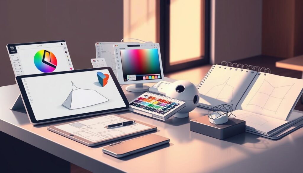 Prompt A detailed, photorealistic digital illustration depicting various AI-powered design tools, including a virtual pen tablet, a 3D modeling interface, a color palette generator, and a digital sketchbook. The tools are arranged on a sleek, modern desk with a minimalist aesthetic, bathed in warm, natural lighting. The scene conveys a sense of technological sophistication and creative potential, capturing the essence of the "best AI tools for design and visual content creation" as described in the article's section title. Prompt A detailed, photorealistic digital illustration depicting various AI-powered design tools, including a virtual pen tablet, a 3D modeling interface, a color palette generator, and a digital sketchbook. The tools are arranged on a sleek, modern desk with a minimalist aesthetic, bathed in warm, natural lighting. The scene conveys a sense of technological sophistication and creative potential, capturing the essence of the "best AI tools for design and visual content creation" as described in the article's section title.