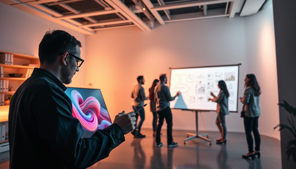 A striking, high-resolution image of AI-powered image editors at work in a cutting-edge design studio. In the foreground, a designer manipulates digital brushstrokes on a sleek, high-resolution display, their hands a blur of creativity. In the middle ground, a team collaborates around a large interactive whiteboard, brainstorming ideas and refining concepts with the aid of advanced AI tools. The background features a panoramic view of a modern, minimalist workspace flooded with warm, directional lighting that casts dramatic shadows, creating a sense of depth and drama. The overall mood is one of focused innovation, capturing the power and potential of AI-assisted visual design. Melhores Ferramentas de IA para Design e Criação de Conteúdo Visual