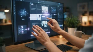 as IA's estão transformando: Mãos interagindo com uma interface de edição de site em tela de computador com elementos luminos