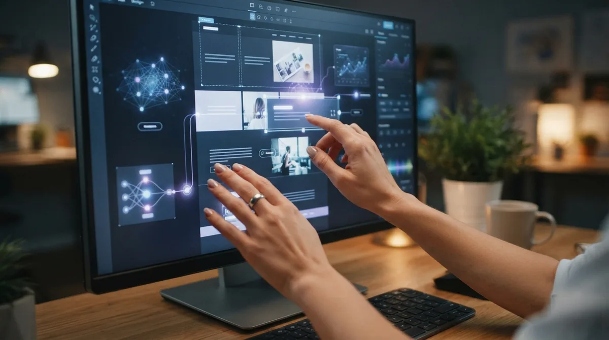 as IA's estão transformando: Mãos interagindo com uma interface de edição de site em tela de computador com elementos luminos