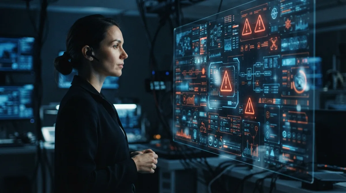 Os Perigos ocultos da Inteligência Artificial: Pessoa observando painel digital com símbolos de alerta e dados flutuando